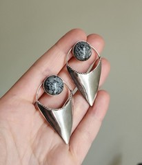 Snowflake Obsidian Sterling Silver Modernist Earrings Vtg Statement Earrings