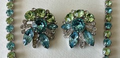 Vintage Designer Eisenberg Ice Sky Blue & Lime Green Necklace & Clip Earring Set