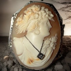 Antique Art Deco Solid 14K White Gold Habille Shell Cameo Brooch Pendant Diamond