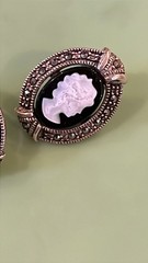 Vintage Cameo Black Onyx & Marcasite 925 Sterling Silver Earrings