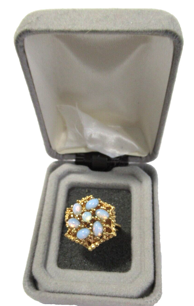 FAUX OPAL RING GOLD TONE ‘BEADED’ METAL SIZE 5.25