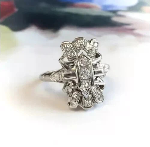 Vintage Art Deco Style Lab Created Diamond Engagement 14k White Gold Finish Ring