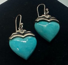 Heart Dangle Earrings Blue Stone Inlay Thailand Vintage Sterling Silver 925 #9