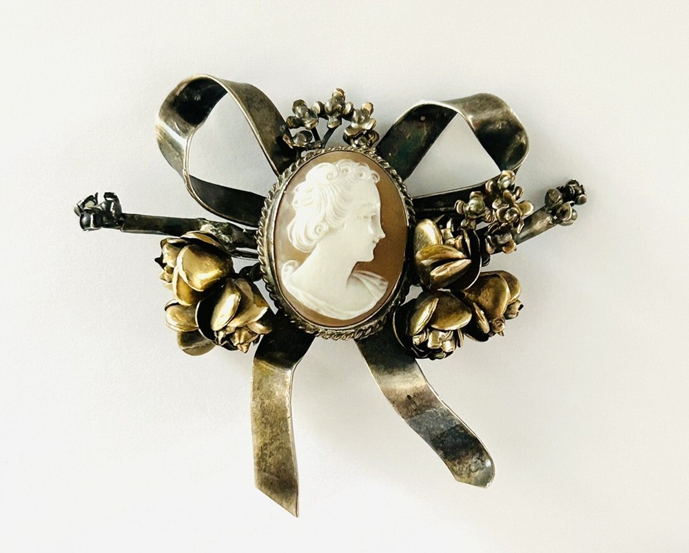 Vintage Early Hobe 925 Sterling Silver 1/20 14k Gold Cameo Flower Bow Brooch