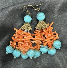 Vintage Coral And Art Glass Earrings Orange Turquoise Summer Beach Hot Dangle