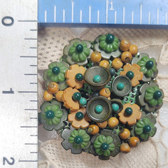Vintage Signed Czech Wired Wooden Glass Flower Beads Brooch Earthy Tone