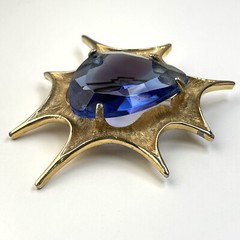 Atomic Blast Brooch Pin Signed BSK Gold Tone Blue Stone Starburst Vintage MCM