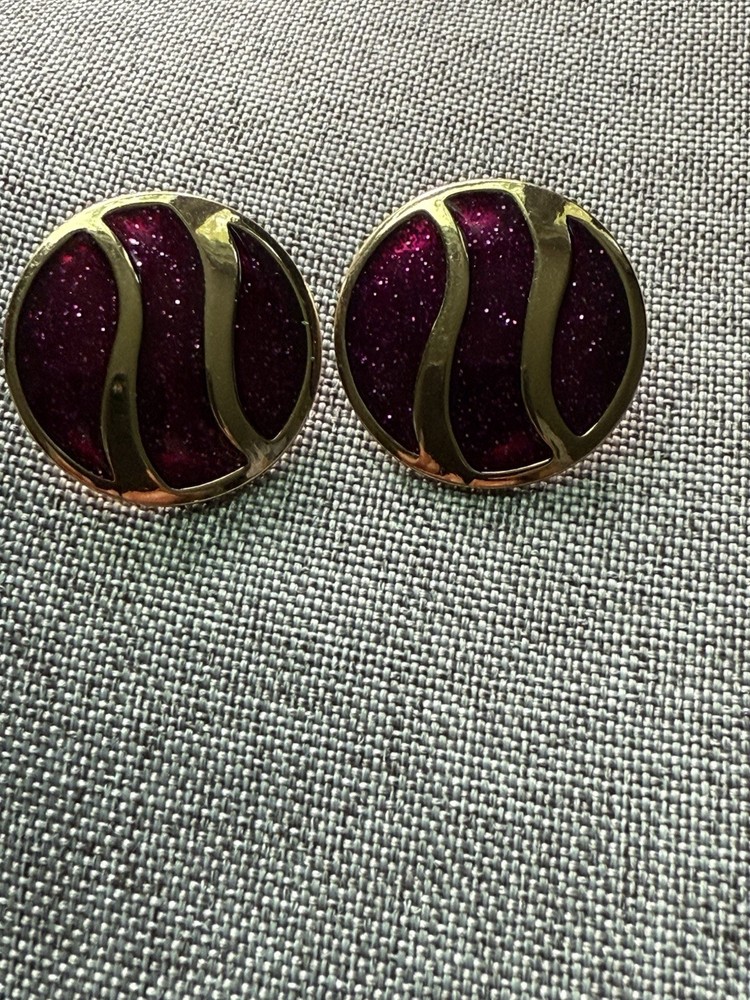 Vintage Avon Enamel Clip Earrings Round Deco Purple Gold Tone Y2K 80s 90s Career