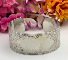 Vtg.Engraved Silver Tone Cuff Bracelet 6 in Floral Scroll Victorian Revival