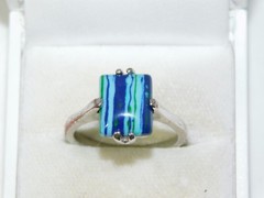 Banded Blue Glass Stone Silver tone Solitaire sz 10 Ring