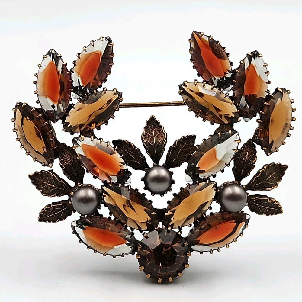 Vtg Open Wreath Navette Rhinestone Brooch Autumn Brass Leaves Fall Amber Pin