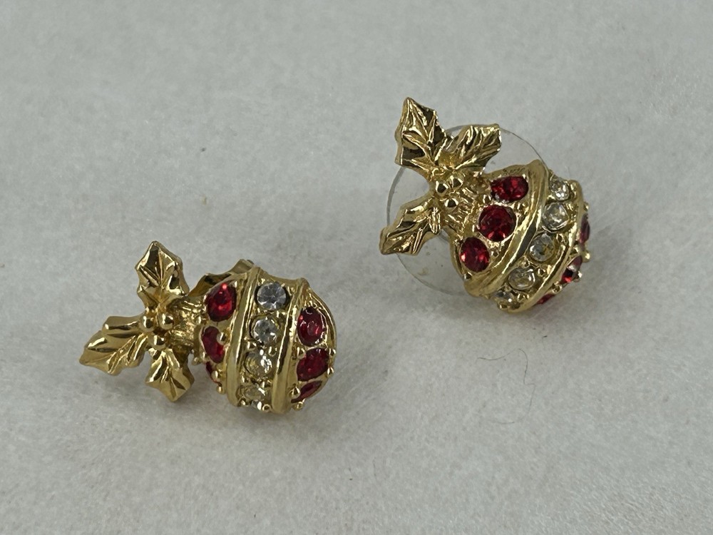 Vintage AVON Stud Earrings Christmas Bulb Ornament Red Clear Rhinestones
