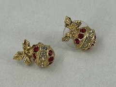 Vintage AVON Stud Earrings Christmas Bulb Ornament Red Clear Rhinestones