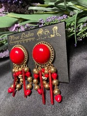 Vintage Three Ladies by roxsann Vivid Red Cabochon Beaded Clip-On Earrings