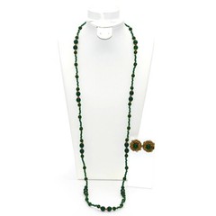 Signed Miriam Haskell 36″ Green Glass Bead Opera Necklace & Clip Earrings Set