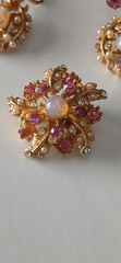 WOW Vintage Faux Pearl Pink Fire Opal Rhineston Brooch Pin & Screwback Earrings