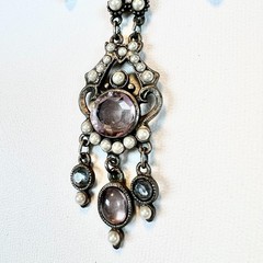 Vintage Moonstone Rhinestone Simulated Pearl Necklace Victorian Poured Glass
