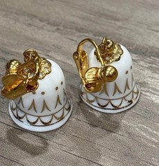 Vintage 90s Avon Signed White Porcelain Bell Clip-On Earrings Gold Tone Trim VTG