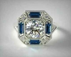 Art Deco Style Lab Created Diamond & Sapphire Wedding 14K White Gold FN Ring