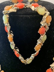 Vtg Thermoset Necklace Bracelet Earring Set Sherbet Melon Lucite Stone Gold Leaf