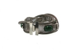 Vintage Silver Tone Filigree Mesh Bracelet Green Cabochon Stones Ornate Design