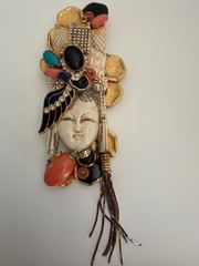 VINTAGE ASIAN BROOCH WITH CARVED FACE AND JEWLEL SIGNED