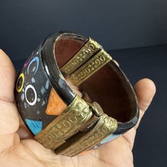 Vintage Mid Century Modern Atomic Cosmic Bangle Cuff Bracelet Inlays Brass