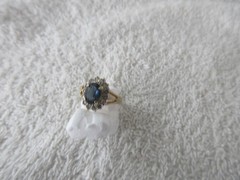 GORGEOUS~~[ 14k Yellow Gold GF ] Espo Dark Blue Sapphire Ring +CZS~~SIZE 5.25