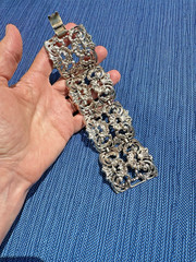 Vintage Panel Link Bracelet Silver Tone Scroll Medieval Flower 7-1/4 Inches