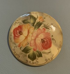 VTG Russian Lacquer Brooch Pin Signed Hand Painted Floral Round Pink Gold Cream