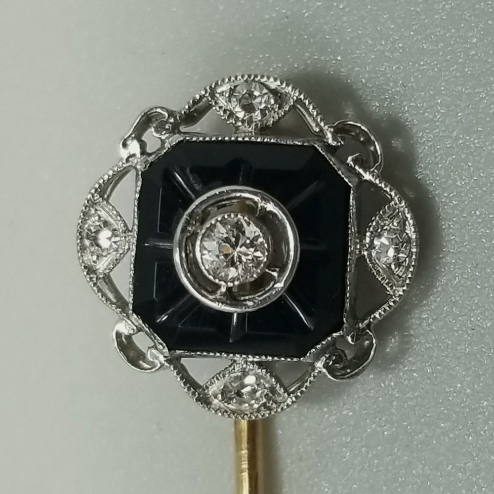 Vintage Carved Onyx and Diamond Stick Pin Platinum and 14k Gold Metal Art Deco