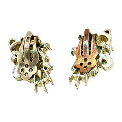 Vtg Gold Tone Green Cabochon Leaf Climber Earrings Clip Back 1.25″ VGC