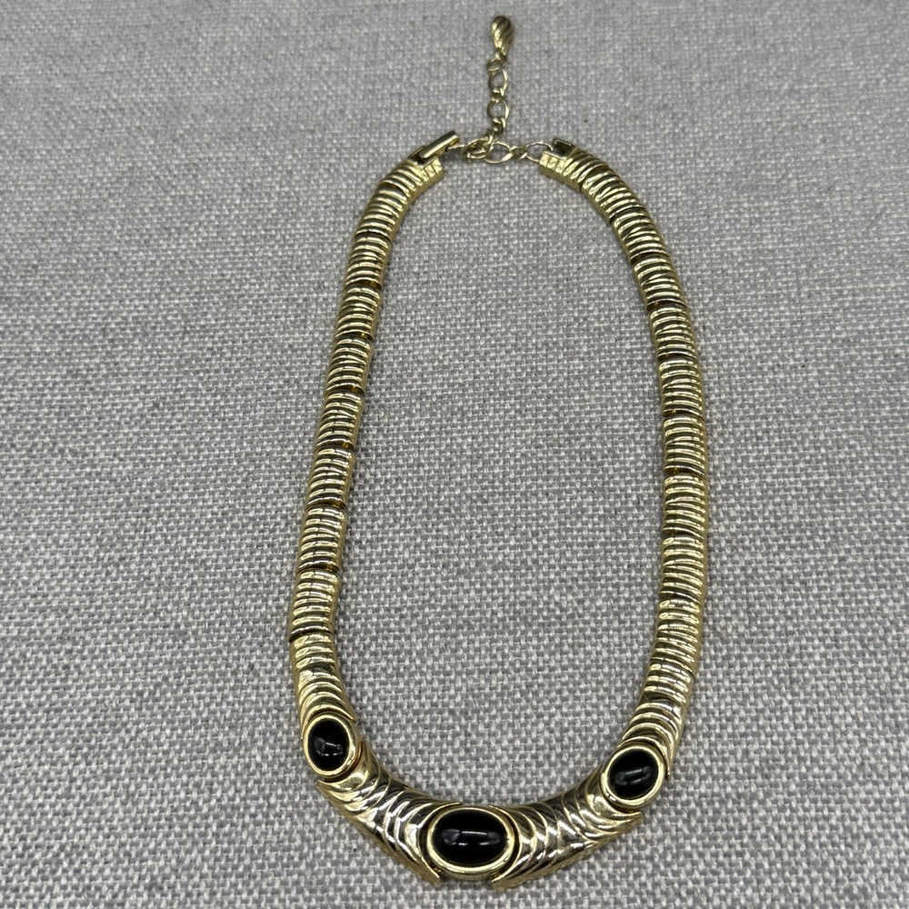 Vintage Necklace Chunky Gold Tone Black Acrylic Disk Adjustable Length Y2K Retro