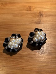 Vintage Muti- Faceted Black Cluster Bead Faux Pearl Earrings with Rhinestones