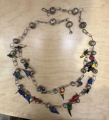 Vtg Mexican 2 Strand Wedding Chain 30” Silver Ball Hand Painted Bird Necklace