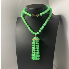 Vintage Lucite Bead Tassel Necklace Green UV Reactive Glow Jewelry
