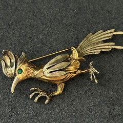 Vintage Road Runner Bird Brooch Pin Silver & Gold Tone Green Eyed