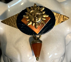 Vintage 90’s Mixed Metals Celestial Sun Brooch Polished Stone/Glass Dangle XLNT!