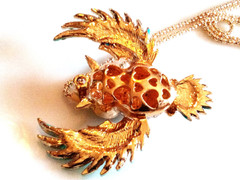 RHINESTONE OWL NECKLACE!Blue Enamel Bird Pendant.Aqua & Clear Crystals.Gold Tone
