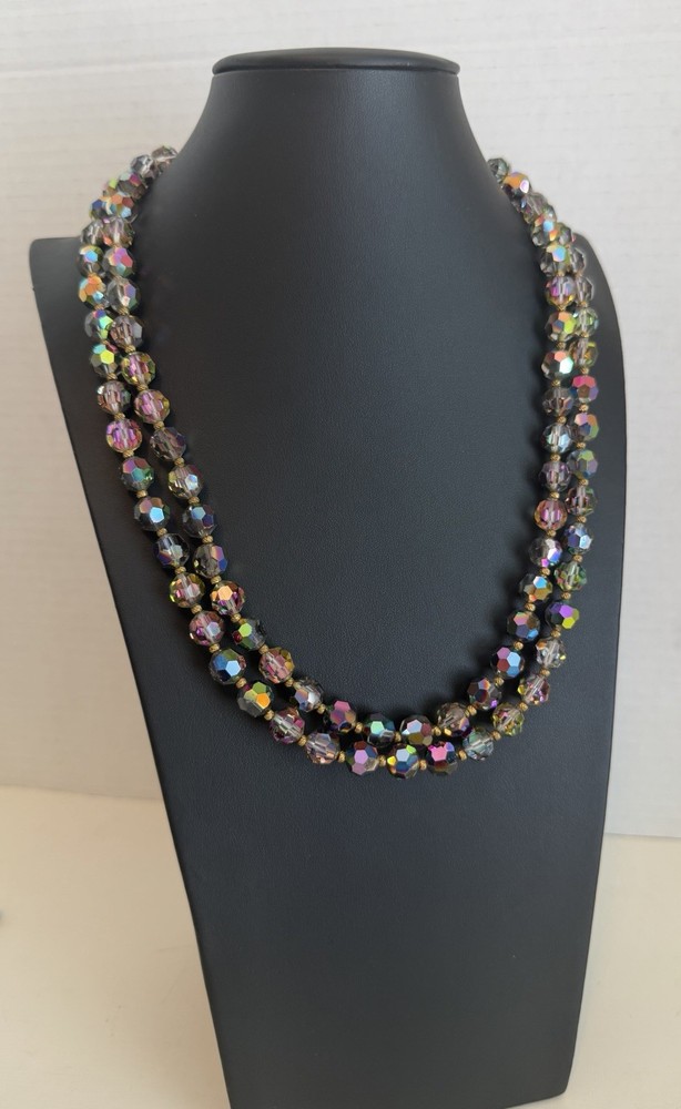 VTG 1950 Aurora Borealis Watermelon Faceted Glass Fancy Clasp 2 Strand Necklace