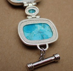 JTV Turquoise Link Bracelet Cushion Oval & Round Stones Sterling Silver 8-1/2″