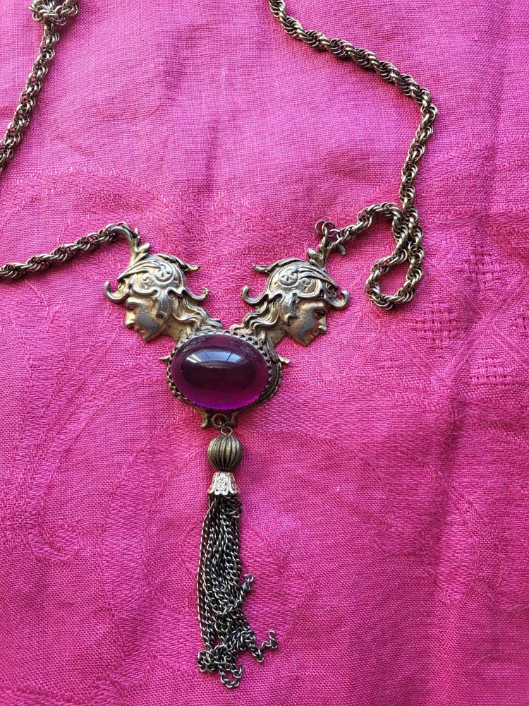 Antique Victorian Long Figural Pendant Necklace Hellenistic Revival Soldiers
