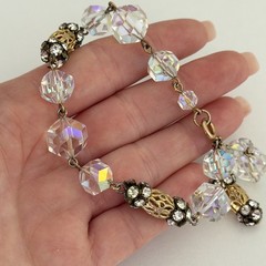 Vintage Clear AB Crystal Gold Tone Flower Openwork Beaded Tassel Bracelet 6.75″