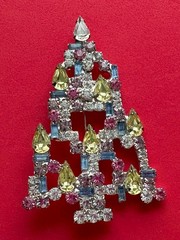 VINTAGE CHRISTMAS TREE PIN BROOCH RON YELLOW RHINESTONES SIGNED HTF MCM 56