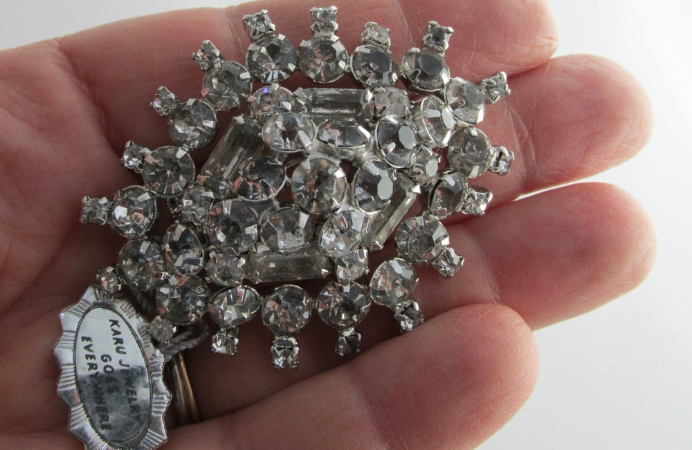 Vtg Karu Arke White Rhinestone Brooch Large White Ice Star Burst Atomic