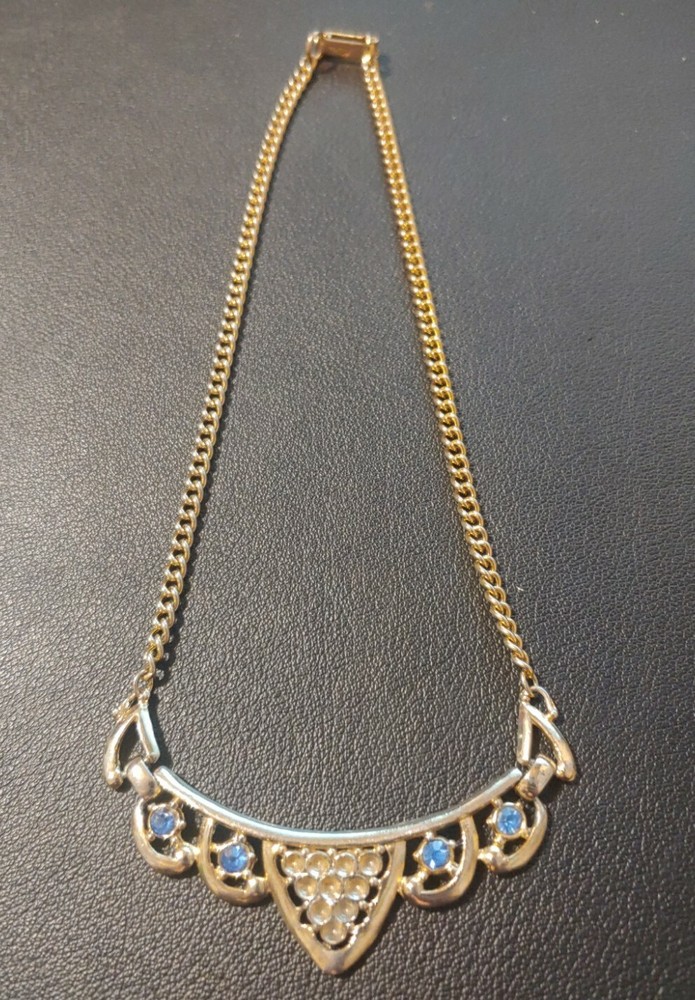 Vintage KARU Blue Crystal Rhinestone Silver Tone Choker Necklace Signed 14″