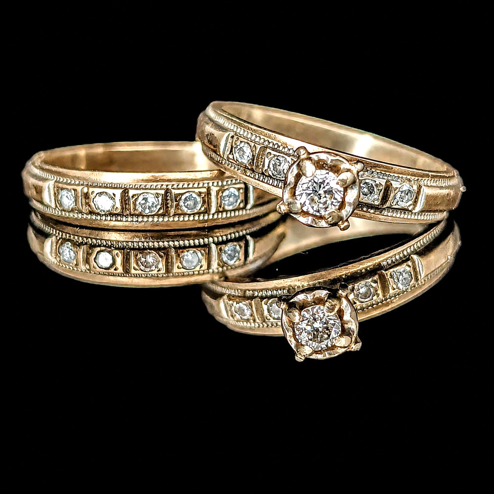 Vintage Ring Set Diamonds 10k Yellow Gold Engagement Ring Wedding Band Retro