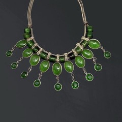 Vintage BOHO Bib Necklace GREEN GLASS Southwest Artisan Drop Dangle India Silver