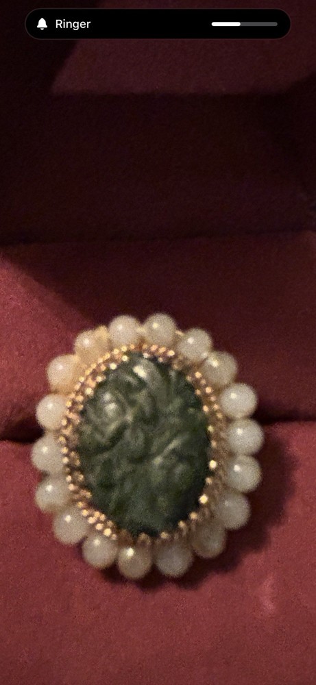 JANUARY SPECIAL – Vintage Carved Jade & Pearl 14K Yellow Gold Ring