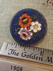 Antique VTG Italian Micro Mosaic Brooch Pin Round Shape &Floral Design Set Glass